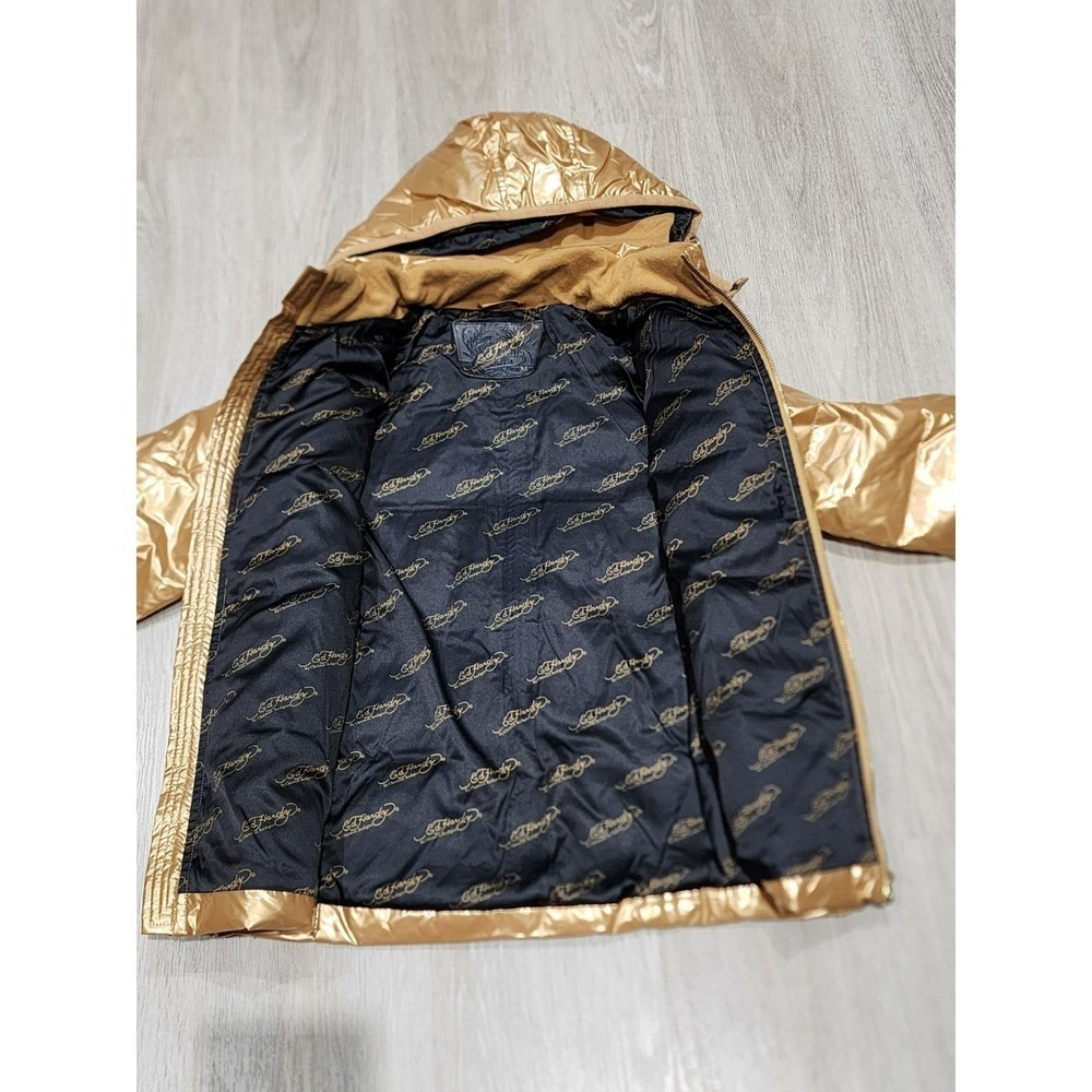 Ed Hardy By Christian Andigier Womens Puffer Jacket Skull Rose Gold Size M - Picture 8 of 11